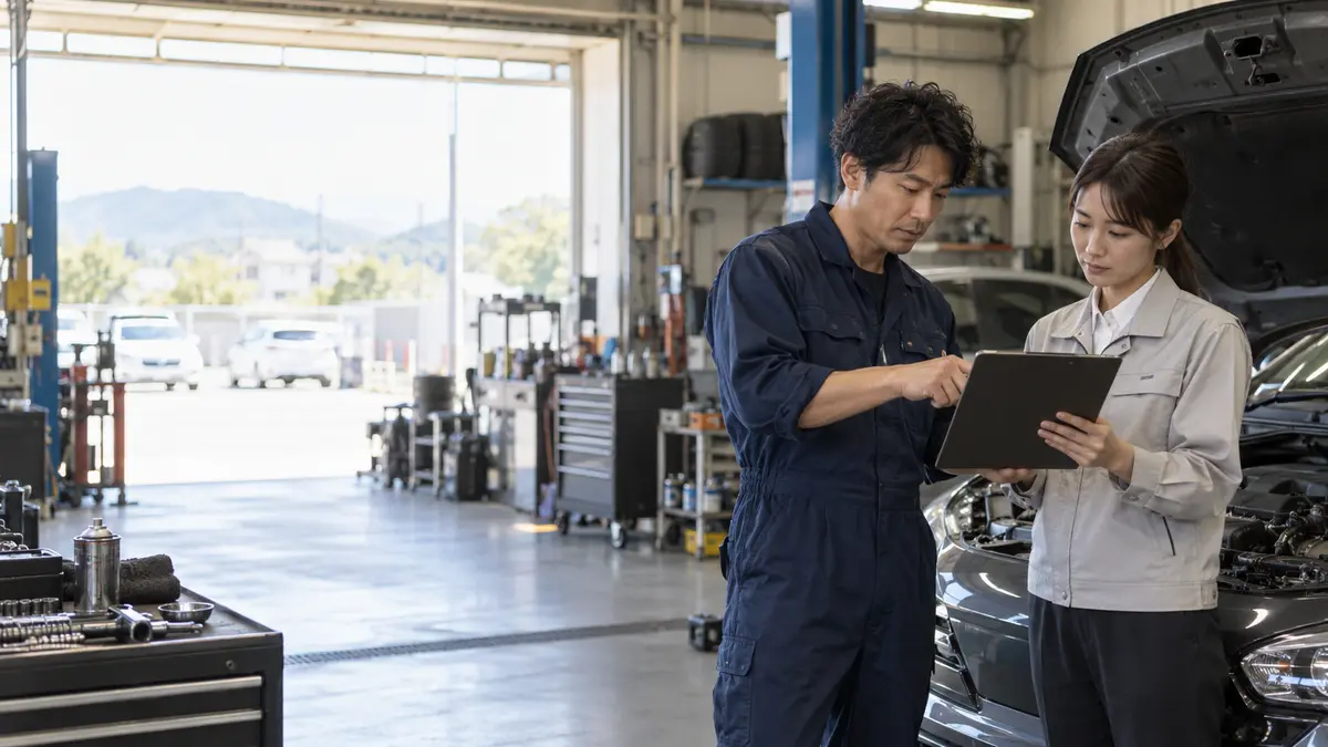 整備工場でスタッフが車両の確認を行う様子